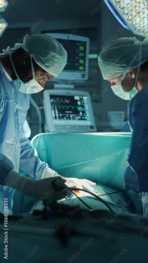 Aufkleber vertical screen: diverse surgical team working in a darkened operating room surrounded by advanced m