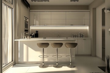 Modern Kitchen with White Cabinets, Bar Stools, and a Window