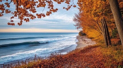 Gentle waves on an Atlantic shore with fallen leaves, capturing November quiet charm