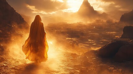 biblical scene depicting a water bearer in flowing robes, sunlit dust illuminating her path toward a distant village, evoking themes of hope and sustenance in a golden light that bathes the landscape