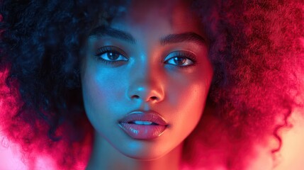 beautiful young african american woman with a stunning afro hairstyle, captured in motion, showcasing the vibrancy and texture of her hair, perfect for a shampoo or hair product advertisement