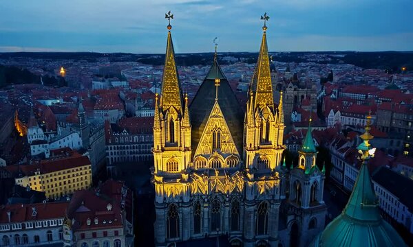 Aerial view of famous places St. Stephen's Cathedral Stephansdom at night. Mother church of the Roman Catholic Archdiocese of Vienna. Austria