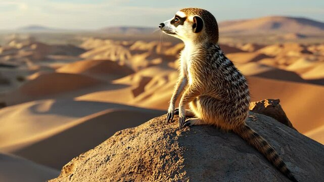 A meerkat sits on a rock in the desert, watching the sunset