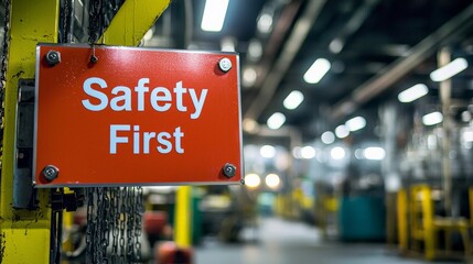 A "Safety First" sign in an industrial setting, reminding workers of occupational safety priorities