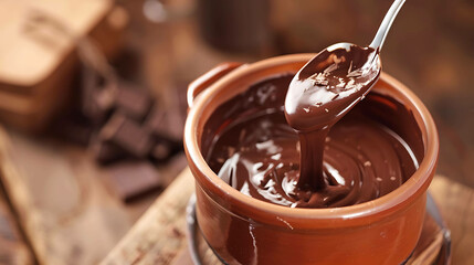 Rich and decadent melted chocolate in a ceramic bowl. The chocolate is smooth and creamy, and looks delicious.