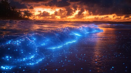 bioluminescent ocean scene showcasing sparkling plankton illuminating the waves under a dark sky, creating a magical and tranquil underwater experience, highlighting nature's wonders