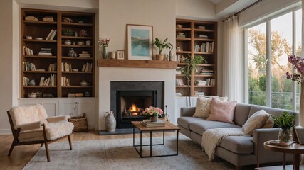 Soggiorno con camino, librerie e ampie finestre