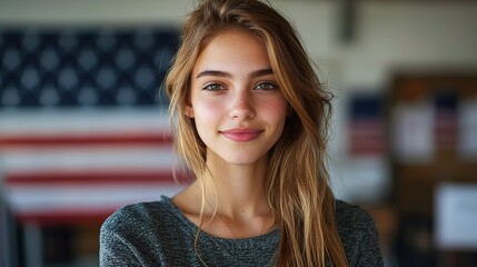 Young wearing glasses European election voter portrait in front of the European Union USA flag 4k Resolution