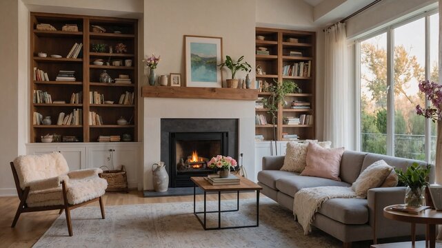 Soggiorno con camino, librerie e ampie finestre