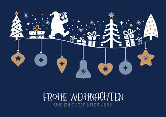 Frohe Weihnachten und ein gutes neues Jahr - Postkarte mit deutschem Text - Weihnachtsmann in Winterlandschaft - blau gold - Vektor Illustration