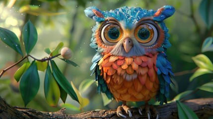 A cute cartoon owl with big eyes and colorful feathers perches on a branch in a lush green forest.