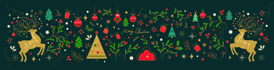 Merry Christmas collection with Christmas deer, toys and decorative branches. Christmas greeting cards, covers and banners. Christmas illustration in Scandinavian style.