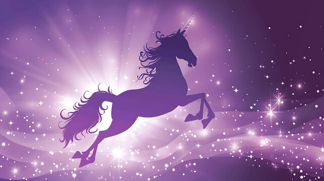 Majestic purple unicorn leaps through a glittering starry sky. The unicorn is a symbol of magic, mystery, and wonder.