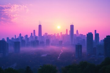 Fototapeta premium Chasing the Dawn: A Stunning Sunrise Over the Chicago Skyline with Mist and Soft Pastels Lighting Up the Cityscape