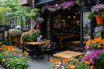 Obraz premium Charming Café Blooms: A Cozy Outdoor Escape Surrounded by Vibrant Flowers and Serene Ambiance for Relaxation and Enjoyment