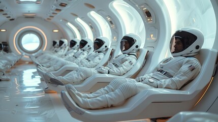 A group of astronauts in white suits is seated comfortably in modern reclining chairs, surrounded by glowing windows aboard a spacecraft, getting ready for launch