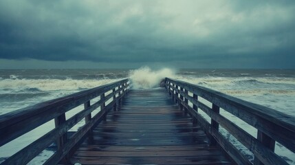 Obraz premium Moody Atlantic pier with waves crashing and cloudy November skies, symbolizing seasonal change