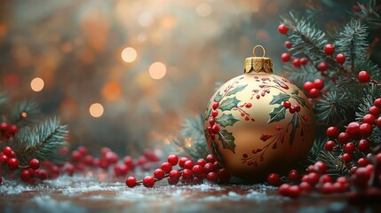 A golden Christmas bauble with hand-painted holly leaves and berries, shining against a warm festive glow.