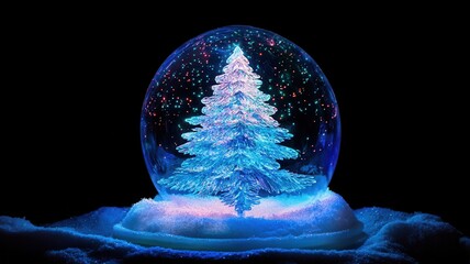 Christmas decorative empty glass snow globe and Aurora in black blackground, podium with snowman,christmas tree,pine cone,white snowdrift under transparent dome, glow garland,Xmas greeting.