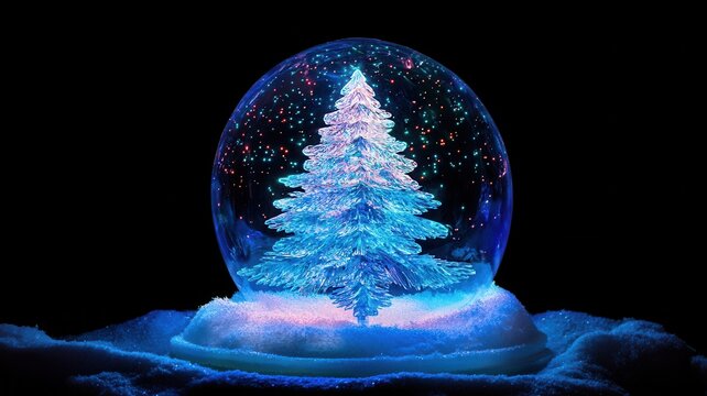 Christmas decorative empty glass snow globe and Aurora in black blackground, podium with snowman,christmas tree,pine cone,white snowdrift under transparent dome, glow garland,Xmas greeting. - Powered by Adobe