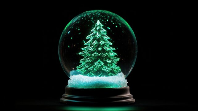 Christmas decorative empty glass snow globe and Aurora in black blackground, podium with snowman,christmas tree,pine cone,white snowdrift under transparent dome, glow garland,Xmas greeting.