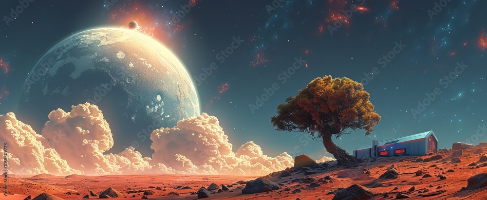 Wall mural the landscape features a lone tree next to a futuristic dwelling, set against a martian backdrop wit