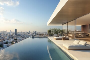 Fototapeta premium Stunning Modern Oasis: A Luxurious Rooftop Infinity Pool Overlooking a Vibrant City Skyline at Sunset, Embracing Relaxation and Contemporary Design