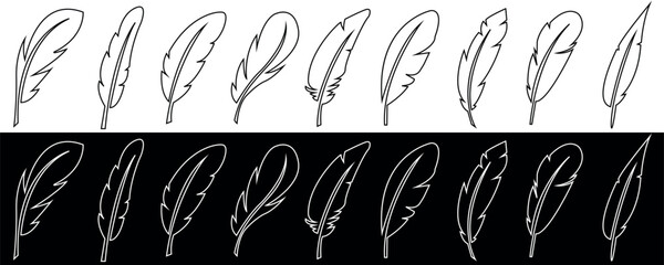 Set of bird feather in different shapes. Outline collection of feather in a flat style. Vector illustration isolated on white and black background.