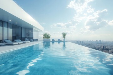 Fototapeta premium Stunning Rooftop Infinity Pool with Panoramic City Views: A Luxurious Escape into Serenity Under the Clear Blue Skies