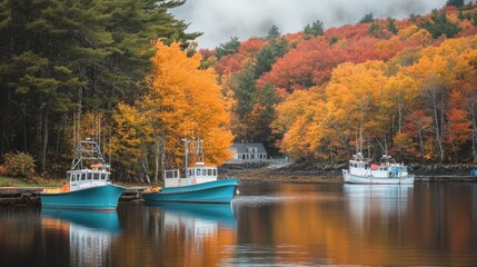 Atlantic harbor with fishing boats and autumn trees, capturing November coastal charm