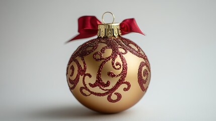 A golden Christmas ornament in the shape of a bell, with red ribbon accents, set on a white background.