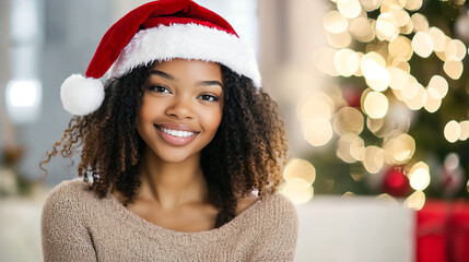 Beautiful happy smiling young Black woman in Santa Claus hat in home setting with decorated Christmas tree. Cozy festive interior