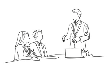 Meeting and Presentation concept. Single line draw design vector graphic illustration.
