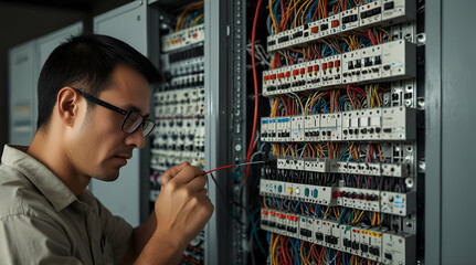 The man is repairing the switchboard voltage with automatic switches, Generative.ai
