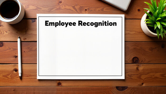 Employee recognition certificate on a wooden desk with copy space, bonuses and rewards theme