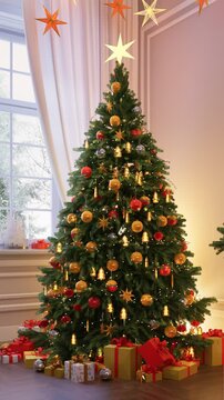 A room with a decorated Christmas tree with gifts underneath. 3D render