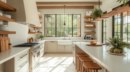 Fototapeta premium Modern Kitchen with White Cabinets, Wood Accents, and Large Windows