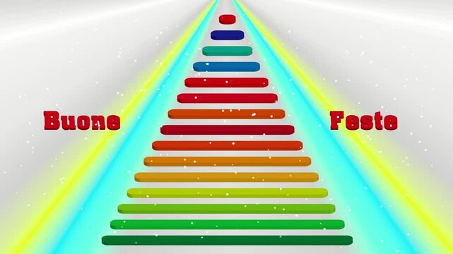 Sfondo grigio con un albero di Natale multicolore al centro, con scritta Buone Feste rossa, posta al centro l'albero con morbidi fiocchi di neve che scendono