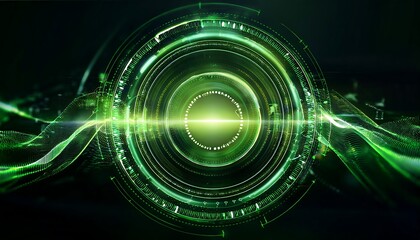 Obraz premium A bright green circular portal glows against a black background, with radiating light and flowing lines of energy