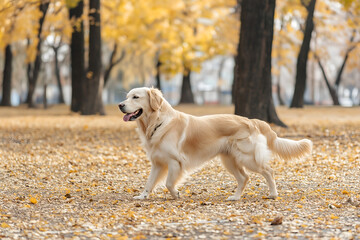 Happy golden retriever labrador dog in autumn park.