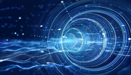 Fototapeta premium A circular glowing blue technological interface radiates light and data streams against a dark backdrop