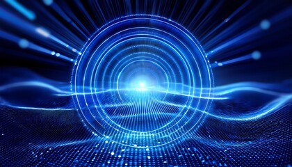 Obraz premium A circular glowing blue technological interface radiates light and data streams against a dark backdrop