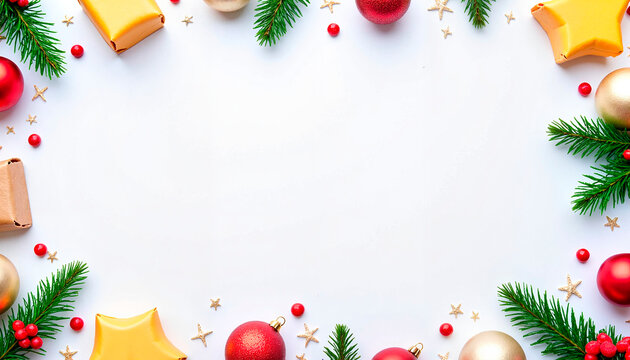 Christmas decoration frame with golden and red ornaments on a white background, bonuses and rewards theme 
