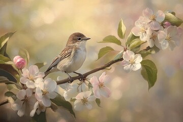 A beautiful little bird perched on the branch of an apple tree, surrounded by delicate white and pink blossoms.