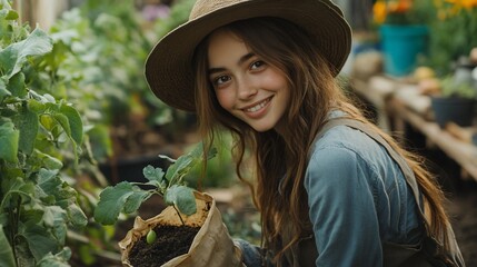 A young woman with a smile on her face holds a potted plant while working in her garden.