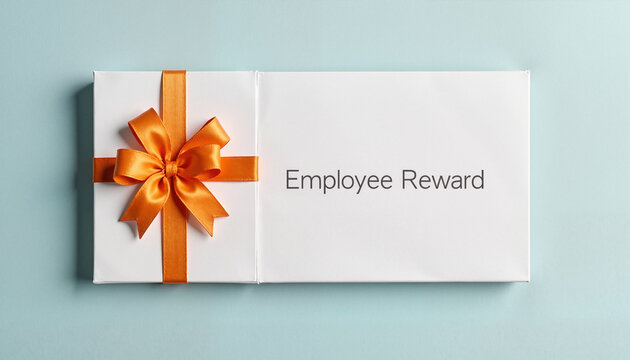 Gift box with an orange ribbon labeled Employee Reward on a light blue background, bonuses and rewards theme 
