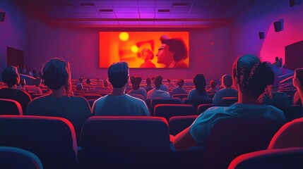 Audience watching a movie in a vibrant cinema with colorful lighting and an engaging film on the screen.