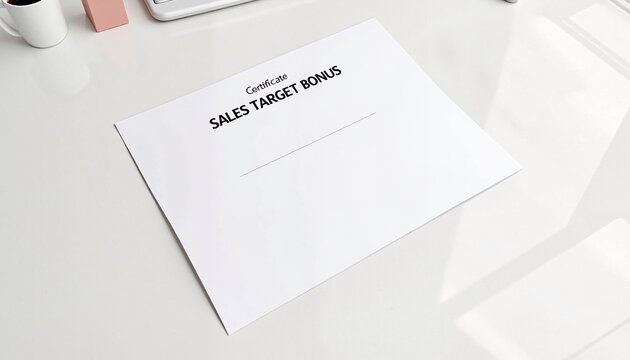 Sales Target Bonus certificate template on a white desk ready for filling out, bonuses and rewards theme 