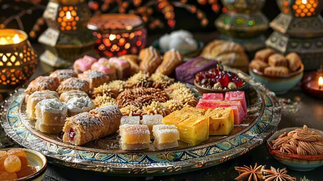 Rich plate with Maamoul and Turkish delight. Small bowls of dried fruits and nuts. Eid al-Fitr sweets with lanterns
