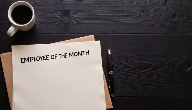 Employee of the Month certificate template on a dark wooden table with a coffee cup and pen, bonuses and rewards theme 